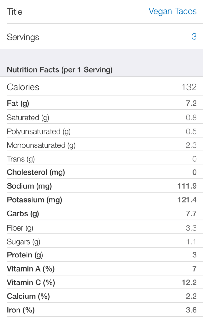 Organic Vegan Tacos Nutrional Value